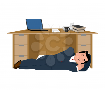 Businessman sleeping under table. Boss asleep. Office life. Vector illustration.
