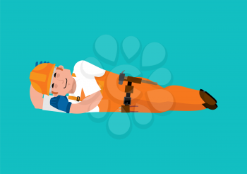 Builder sleeping isolated. Break in working time. Job Time out. Worker in protective helmet asleep. Vector illustration.

