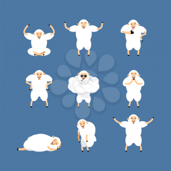 Sheep set poses and motion. Farm animal happy and yoga. Ewe sleeping and angry. guilty and sad. Vector illustration