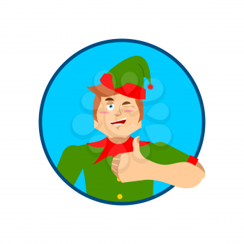 Elf Santa helper thumbs up and winks emoji. New Year and Christmas vector illustration
