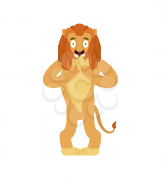 Lion scared OMG. Wild animal Oh my God emoji. Frightened beast. Vector illustration