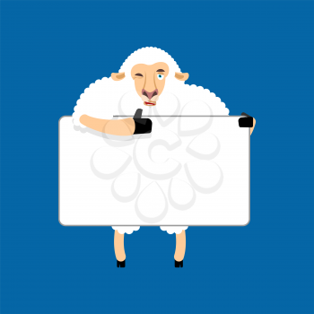 Sheep holding banner blank. Ewe and white blank. Farm animal thumb up and winks joyful emotion. place for text. Vector illustration