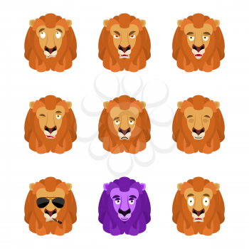 Lion set emoji avatar. sad and angry face. guilty and sleeping. Wild animal sleeping emotion face. Beast Eggplant. Vector illustration