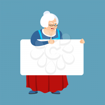 Grandmother holding banner blank. grandma and white blank. Old lady thumb up and winks joyful emotion. place for text. Vector illustration