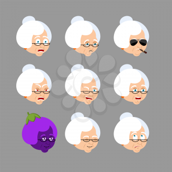 Grandmother set emoji avatar. Sad and angry face. Guilty and sleeping. Grandma sleeping emotion face. Old lady Eggplant. Vector illustration