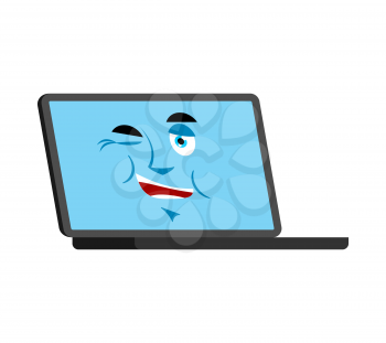Laptop winks emoji face avatar. Computer lucky emotions. PC cheerful. Vector illustration