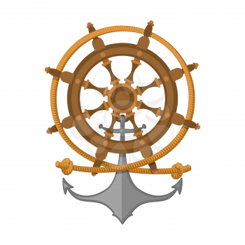 Rope, steering wheel and anchor. Sea emblem. Vector illustration
