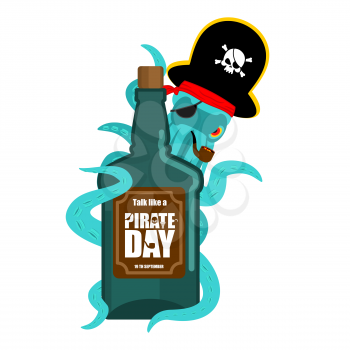 International Talk Like A Pirate Day. Octopus pirate and bottle of rum. poulpe buccaneer and brandy. Eye patch and smoking pipe. pirates cap. Bones and Skull. See animal filibuster and binge

