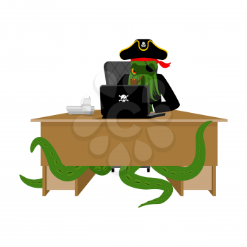 Web pirate Octopus and laptop. poulpe internet hacker and PC. devilfish buccaneer and computer. Eye patch and smoking pipe. pirates cap. Bones and Skull. See animal filibuster