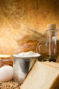 set of bakery products on table on texture