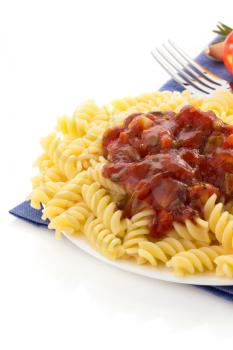 pasta and  tomato sauce isolated on white background