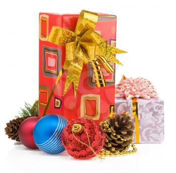 christmas gift box with balls isolated on white background