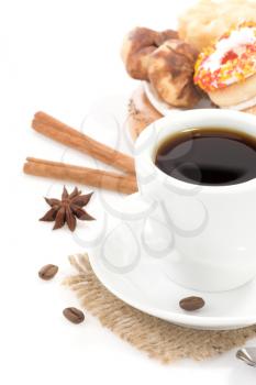 cup of coffee with sweets isolated on white background