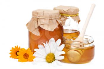 honey and flowers on white