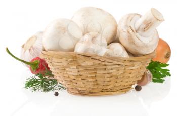 mushrooms and food ingredient with spices isolated on white background