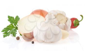 garlic vegetable and food ingredients with spices isolated on white background