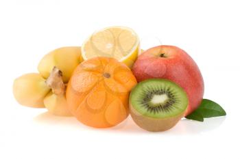 fresh fruits and slices isolated on white background