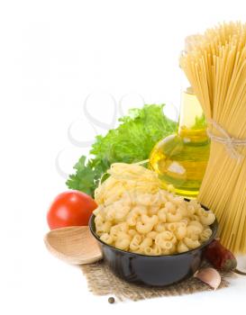 raw pasta and healthy food isolated on white background