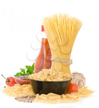 raw pasta and food ingredient isolated on white background