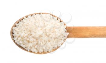 rice grain in wooden spoon isolated on white background