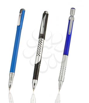 blue and black shining pens isolated on white background