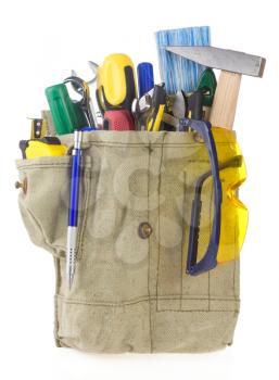 tools in belt bag isolated on white background