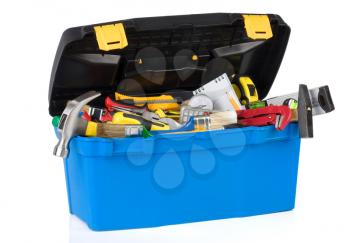 set of tools in construction toolbox isolated on white background