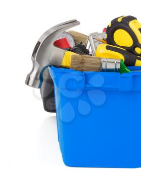 set of tools in construction toolbox isolated on white background