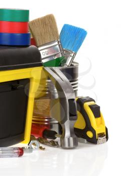 tools and construction toolbox isolated on white background