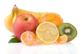 fresh tropical fruits and slices isolated on white background