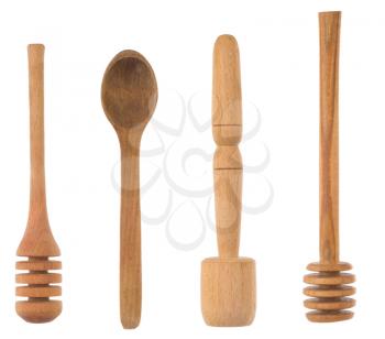 wood spoon and utensils isolated on white background