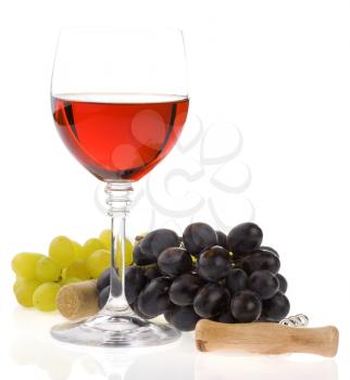 wine in glass and grape fruit isolated on white background