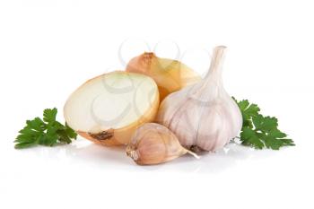 garlic, onion and green parsley isolated on white background