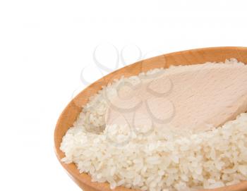 rice in wooden plate isolated on white background