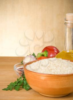 rice and food vegetable with spice on wood background