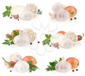 garlic and food spice isolated on white background