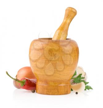 food vegetable ingredients and mortar with pestle  on white background