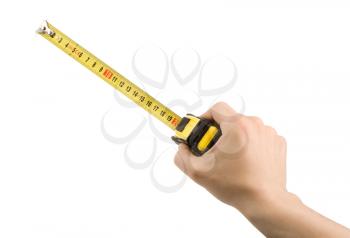 hand measuring by tape measure isolated on white background