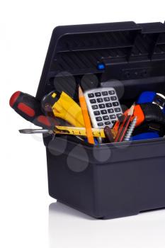 set of tools in black plastic box