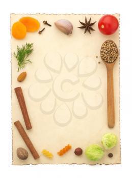 food ingredients and recipe paper on white background
