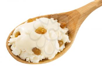cottage cheese and cream in spoon on white background