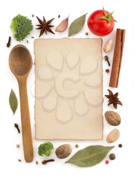 food ingredients and parchment isolated on white background