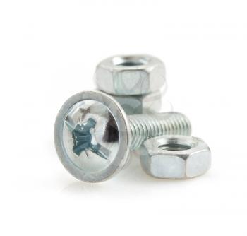 metal screws and nut tool on white background