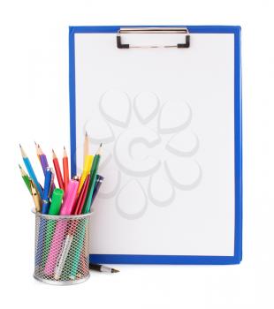 paper clipboard and school supplies isolated on white background