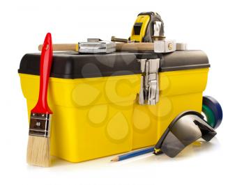 tools and instruments with toolbox isolated on white background