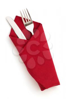 napkin, fork and knife isolated on white background