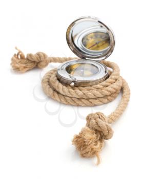 ship rope and compass isolated on white background