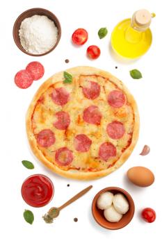 pepperoni pizza and ingredients isolated on white background