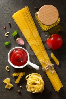 pasta and food ingredient  on dark background