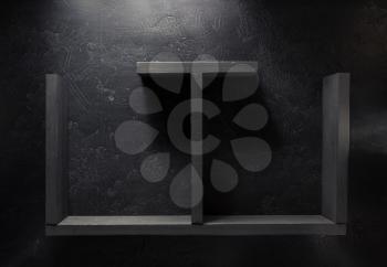 wooden shelf at black wall background
